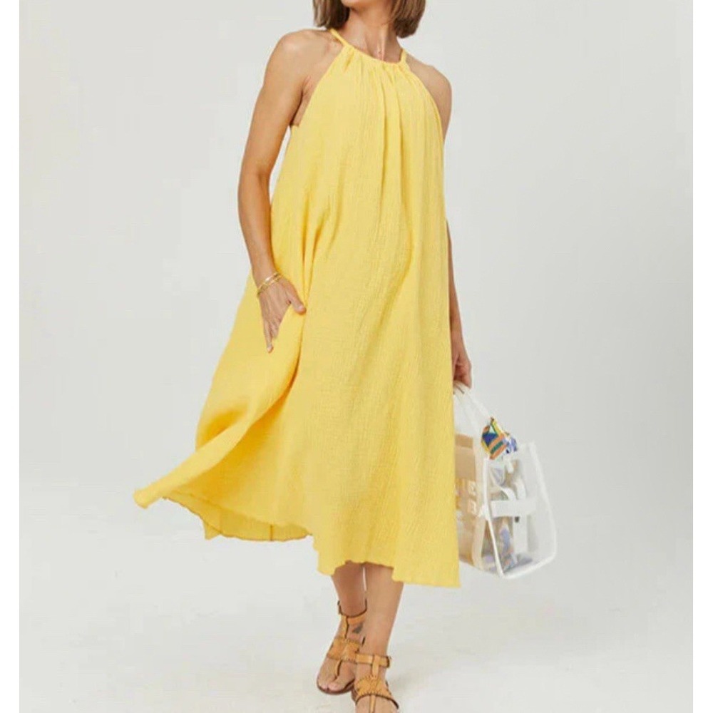 Shebird Size 2 SM yellow Gauzy Sofia Dress Adjustable Halter padded Midi Dress